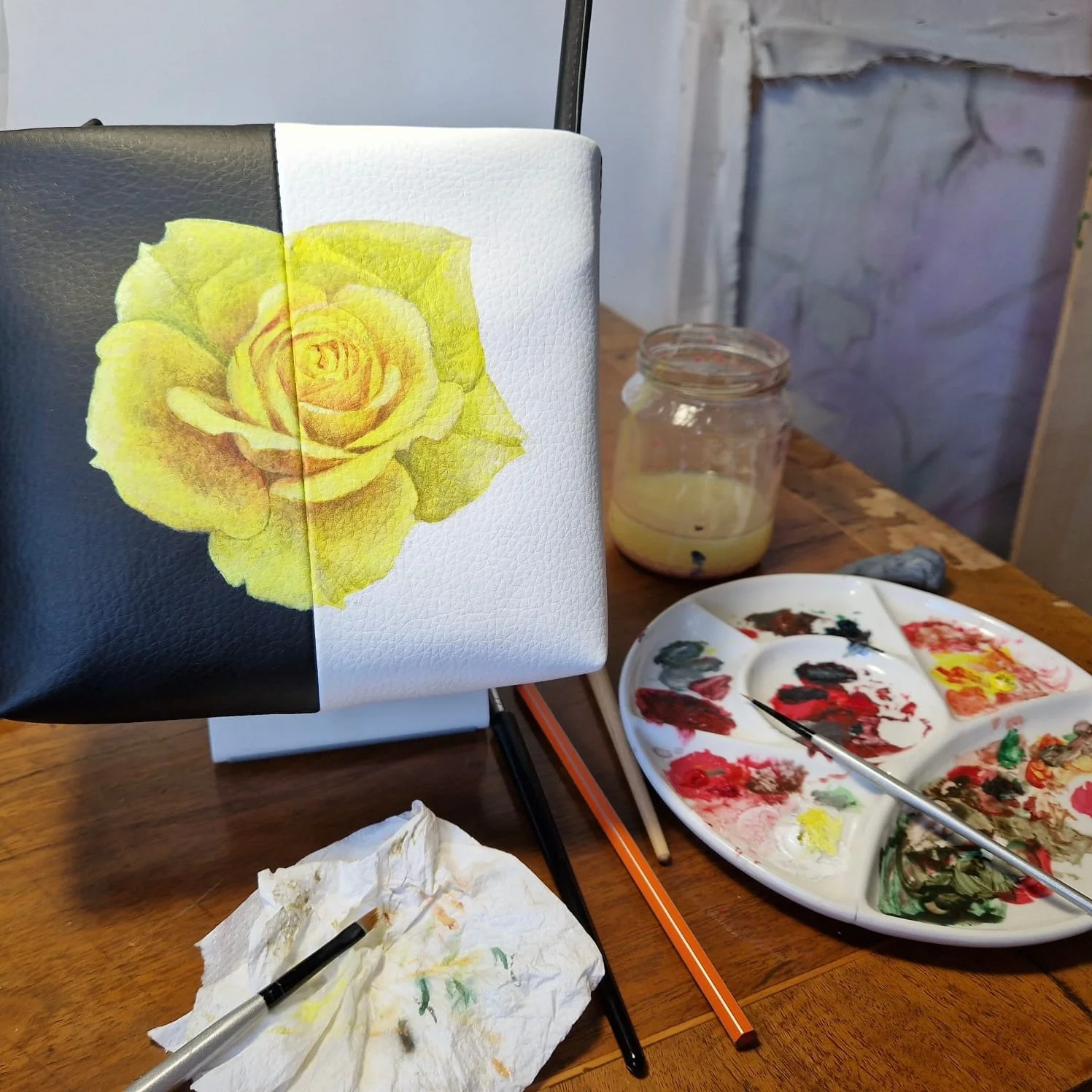 Aria - Sustainable Apple Skin Leather Hand Painted Yellow Rose Bag - Image 5