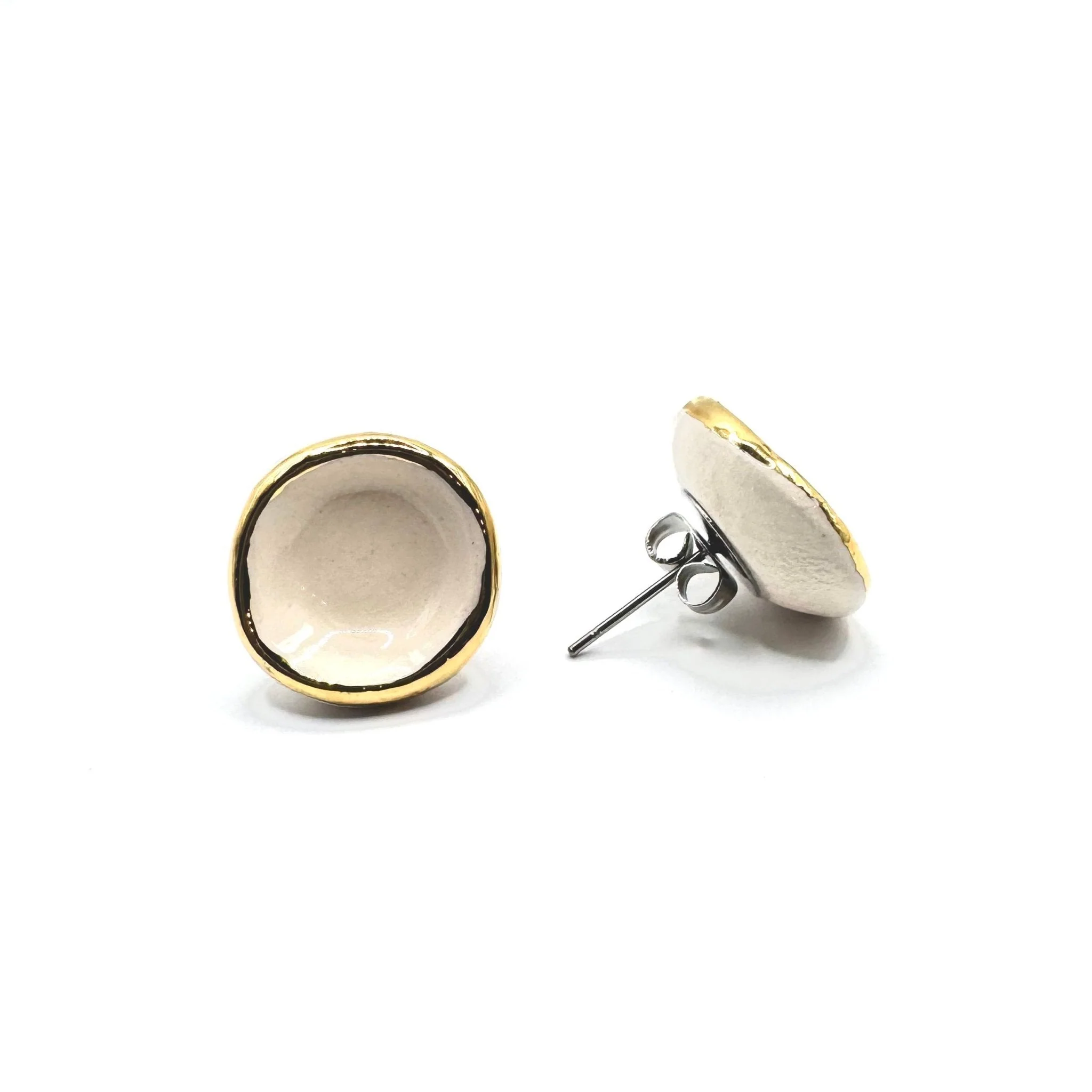 Camelia | Handcrafted white ceramic stud earrings with gold luster - Image 2