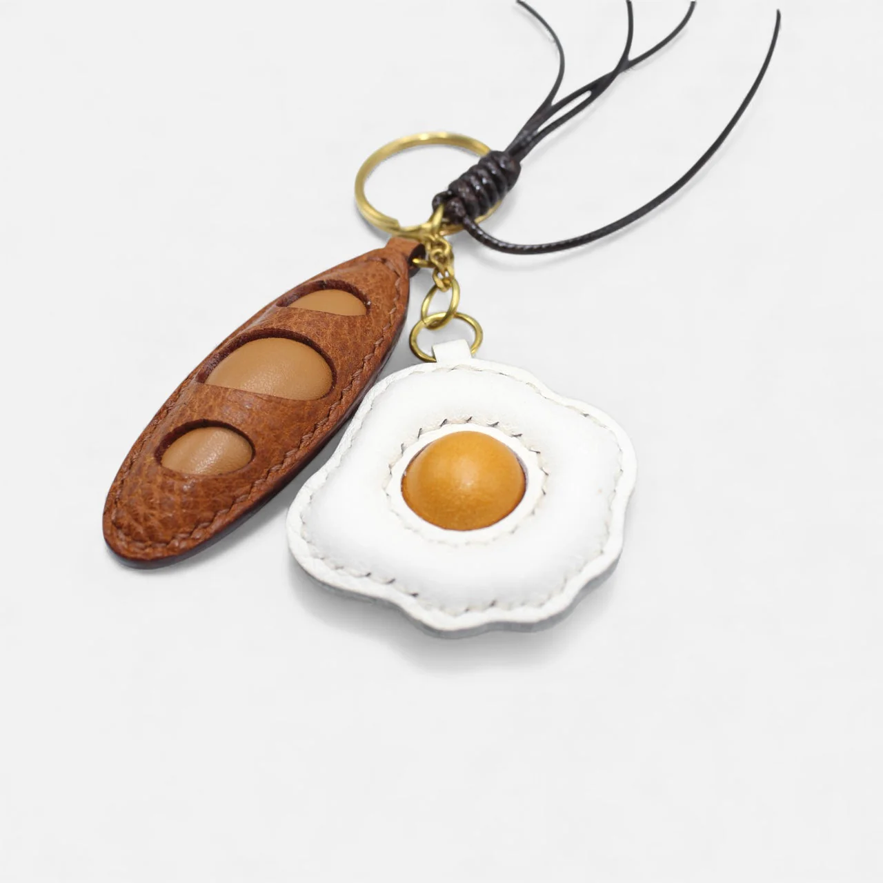Egg and Bread Bag Charm - Handmade Full-Grain Leather - Image 2