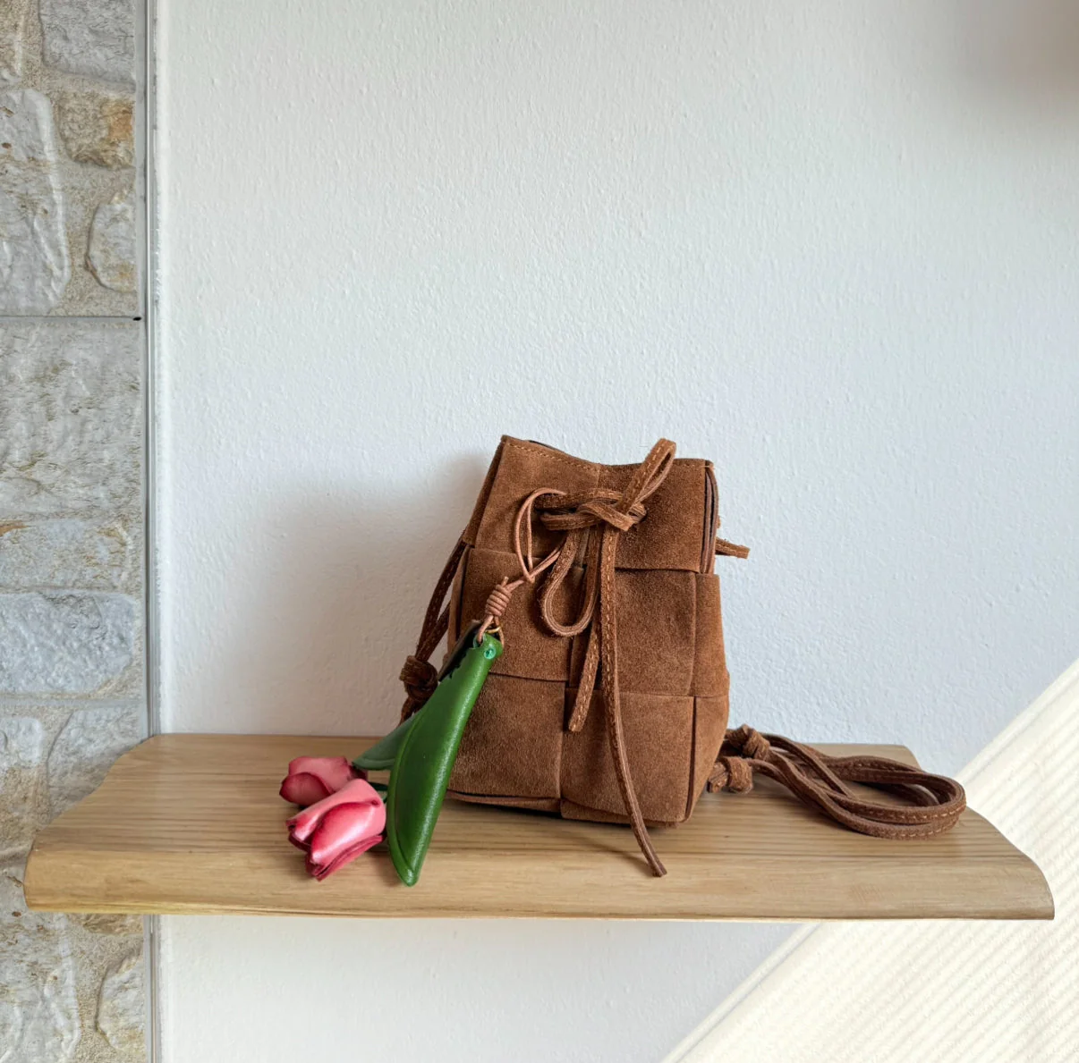 Emi - Handmade Suede Drawstring Woven Crossbody Bag - Image 3