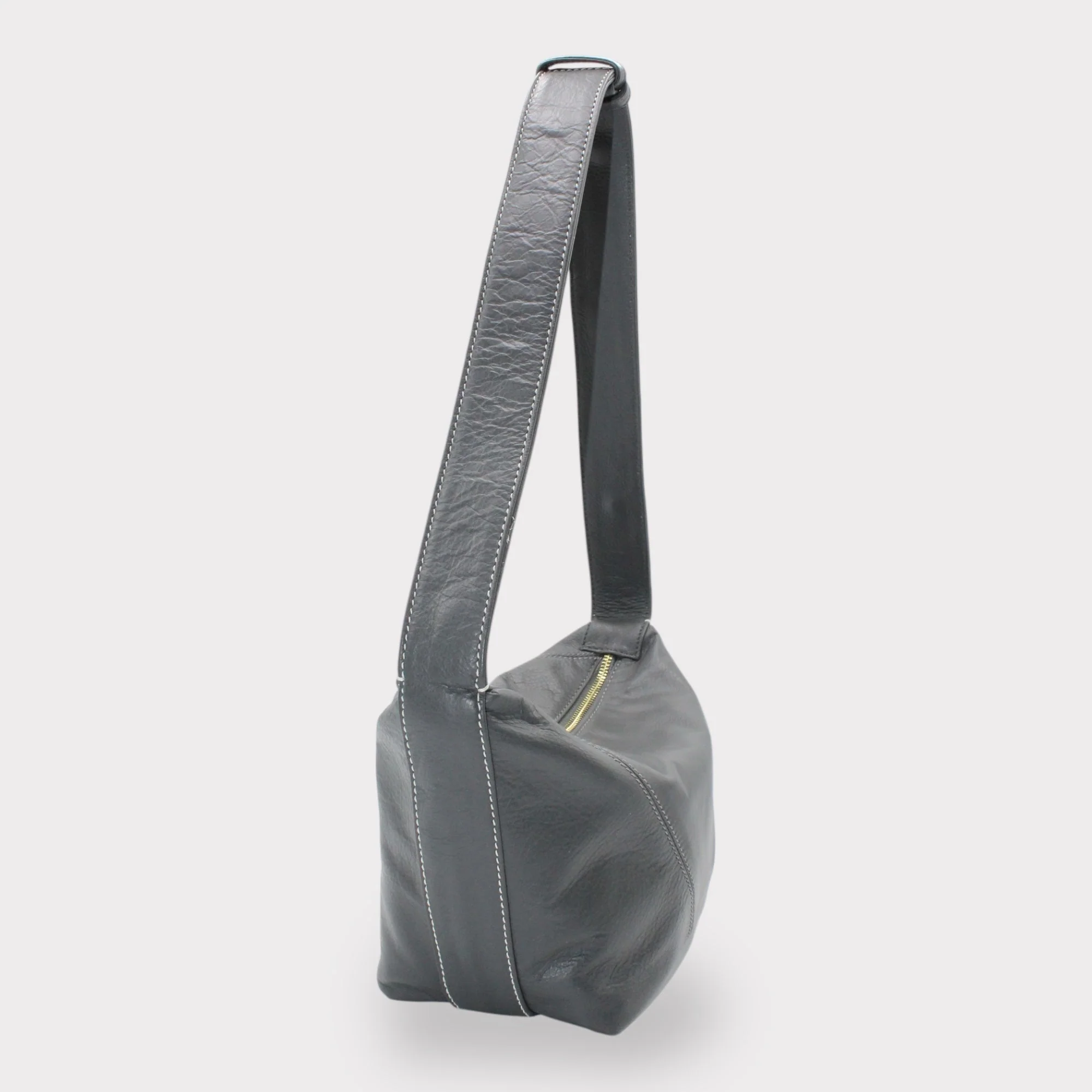Evy - Genuine Leather Pouch Shoulder Bag - Ash Grey - Image 8