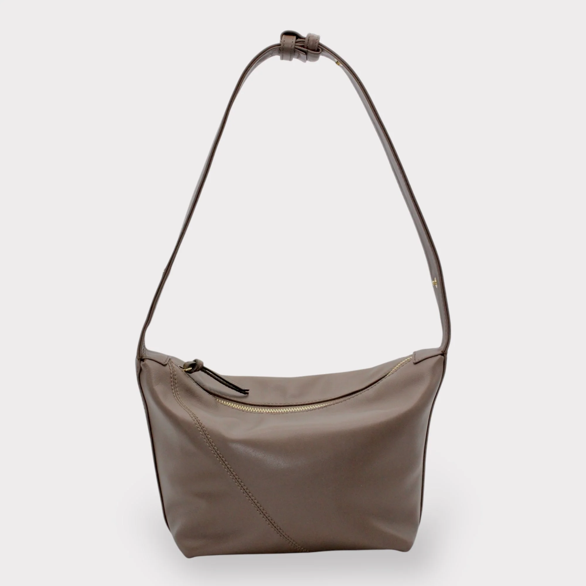 Evy - Genuine Leather Pouch Shoulder Bag - Taupe - Image 6