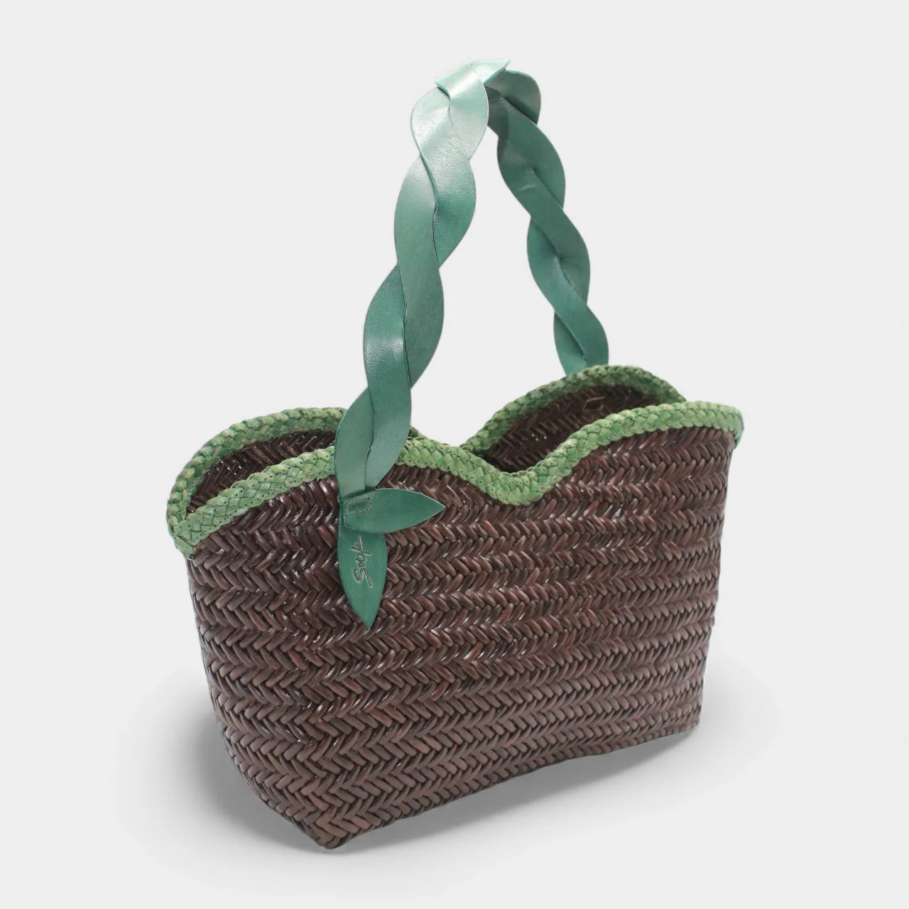 Léafa - Handwoven Leather Shoulder Bag | Green & Coffee - Image 2
